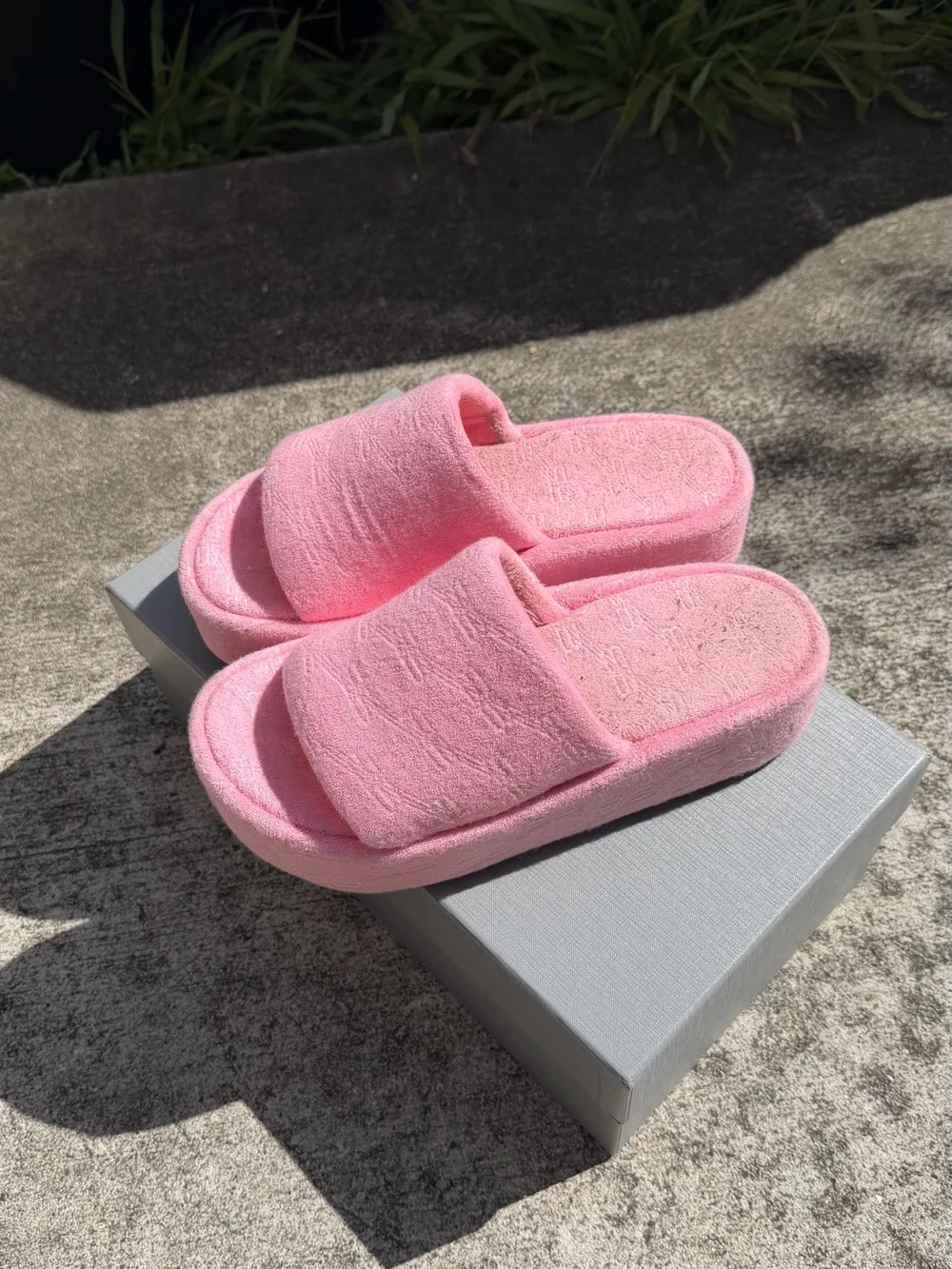 Balenciaga Pink Plush Platform Slide Sandals